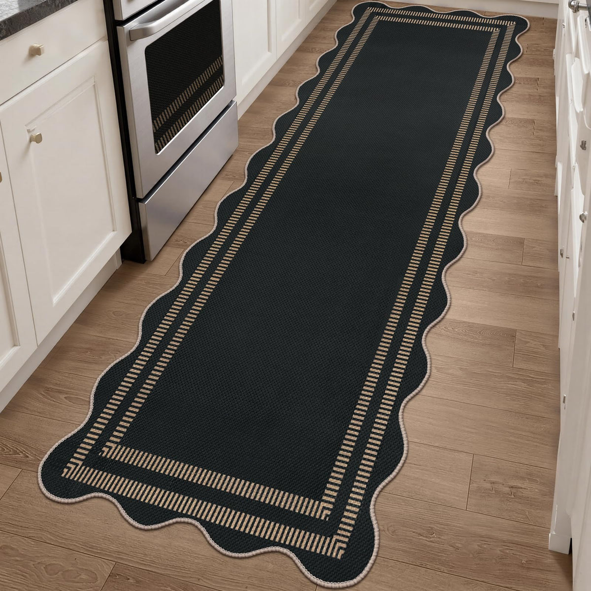 Easy Jute Black Entryway Rug, 2x3 Front Door Mat Washable Non Slip Small Kitchen Rug, Indoor Outdoor Farmhouse Scalloped Doormat for Porch Bathroom Doorway