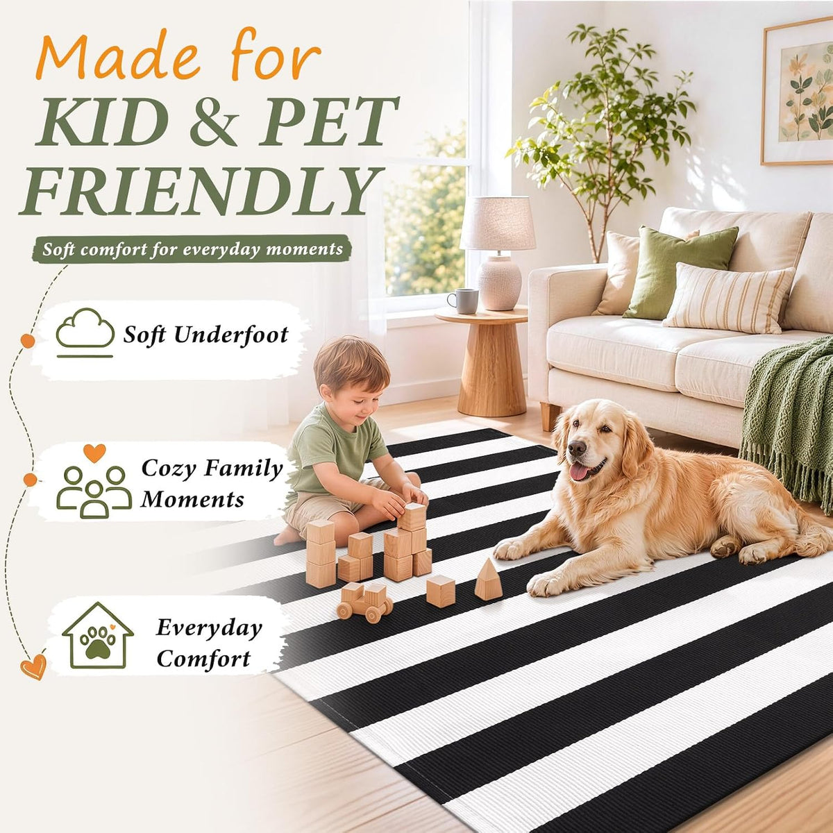 Smiry Black and White Striped Entryway Rug, Front Door Mat and Porch Decor