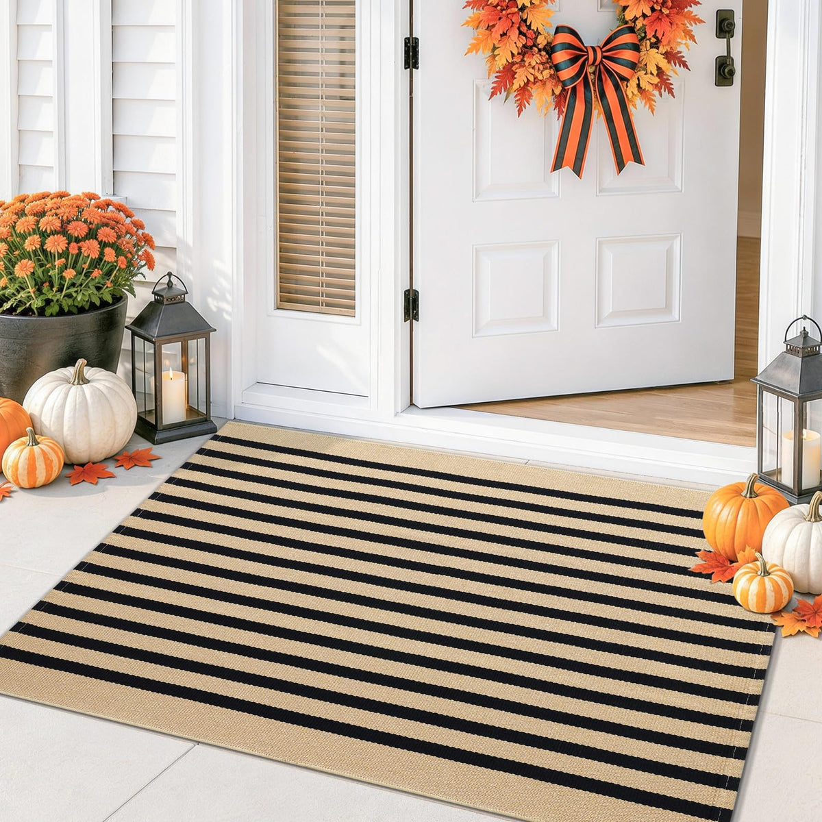 Smiry Black and White Striped Entryway Rug, Front Door Mat and Porch Decor
