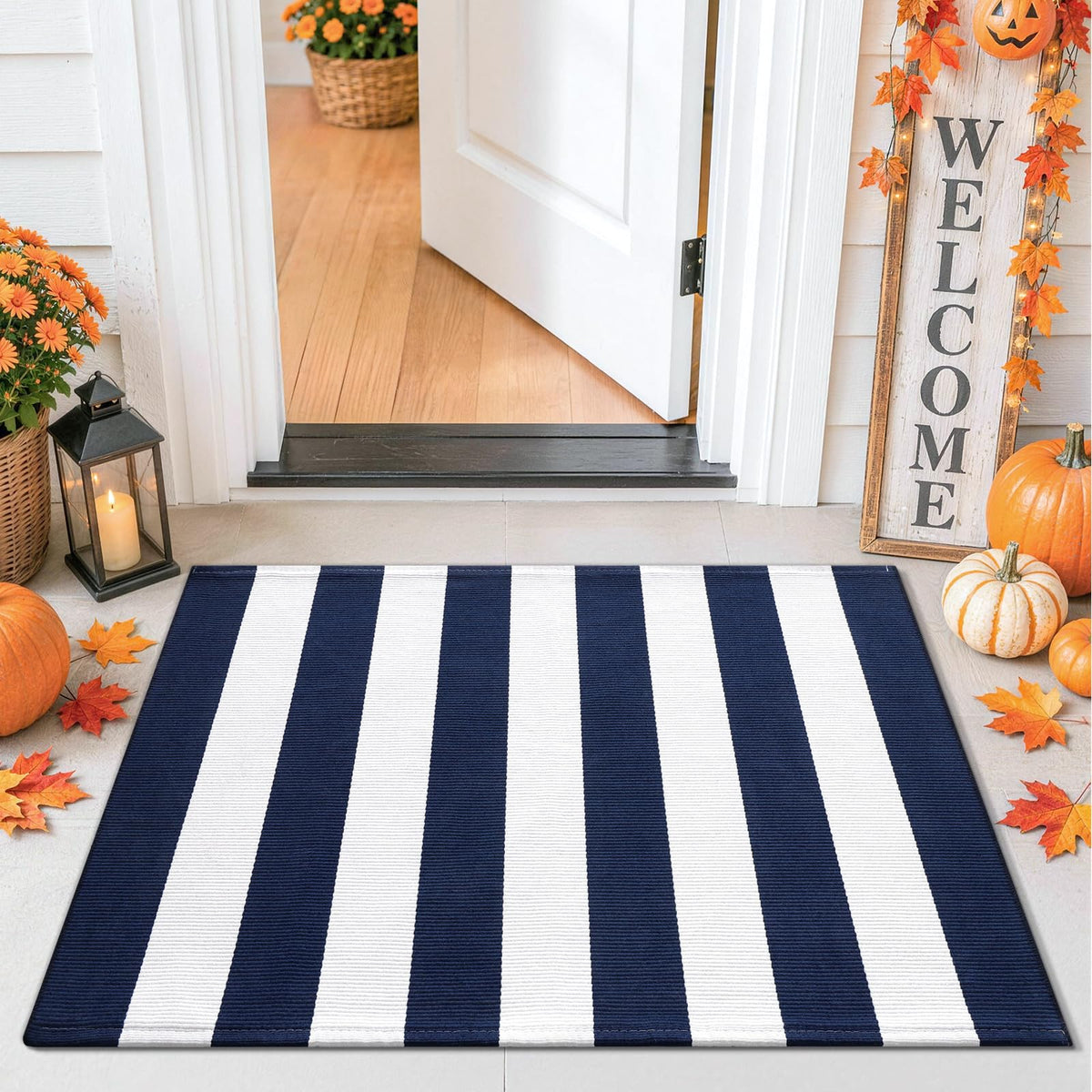 Smiry Black and White Striped Entryway Rug, Front Door Mat and Porch Decor