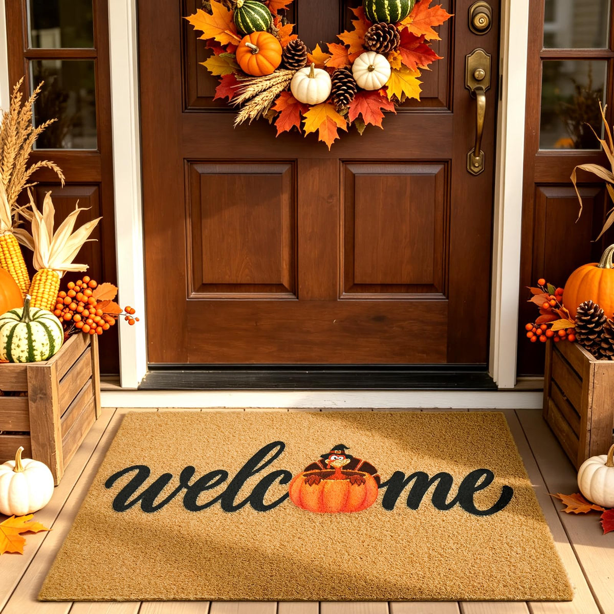 Floral Front Door Mat Outside Non-Slip Welcome Doormat, 17x29 in