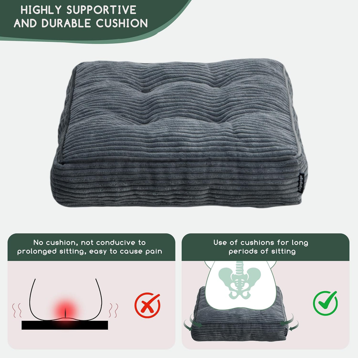 HIGOGOGO Tufted Corduroy Recliner Seat Cushion for Elderly, High Density Foam Large Square Seat Cushion for Recliner Chair, Floor Pillow, Office Chair, Car, No Pressure on Thighs, 20x20x4