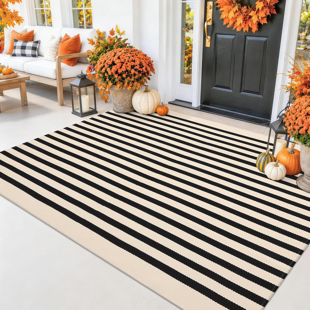 Smiry Black and White Striped Entryway Rug, Front Door Mat and Porch Decor