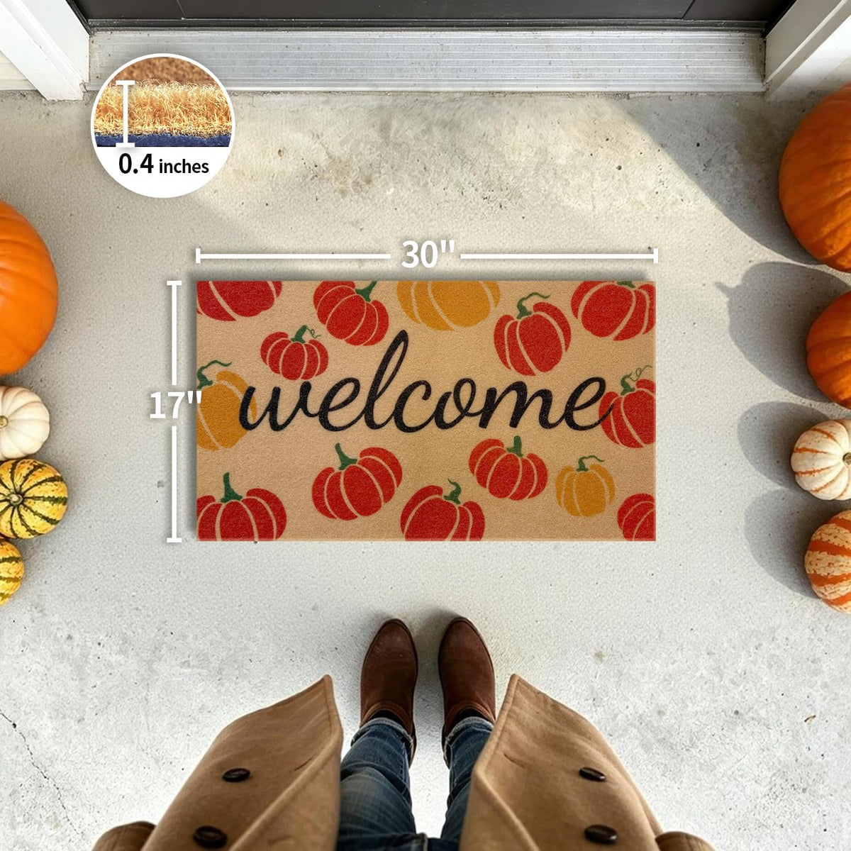 Fall Door Mat, Non Slip Front Porch Pumpkin Welcome Mat 17"x30"