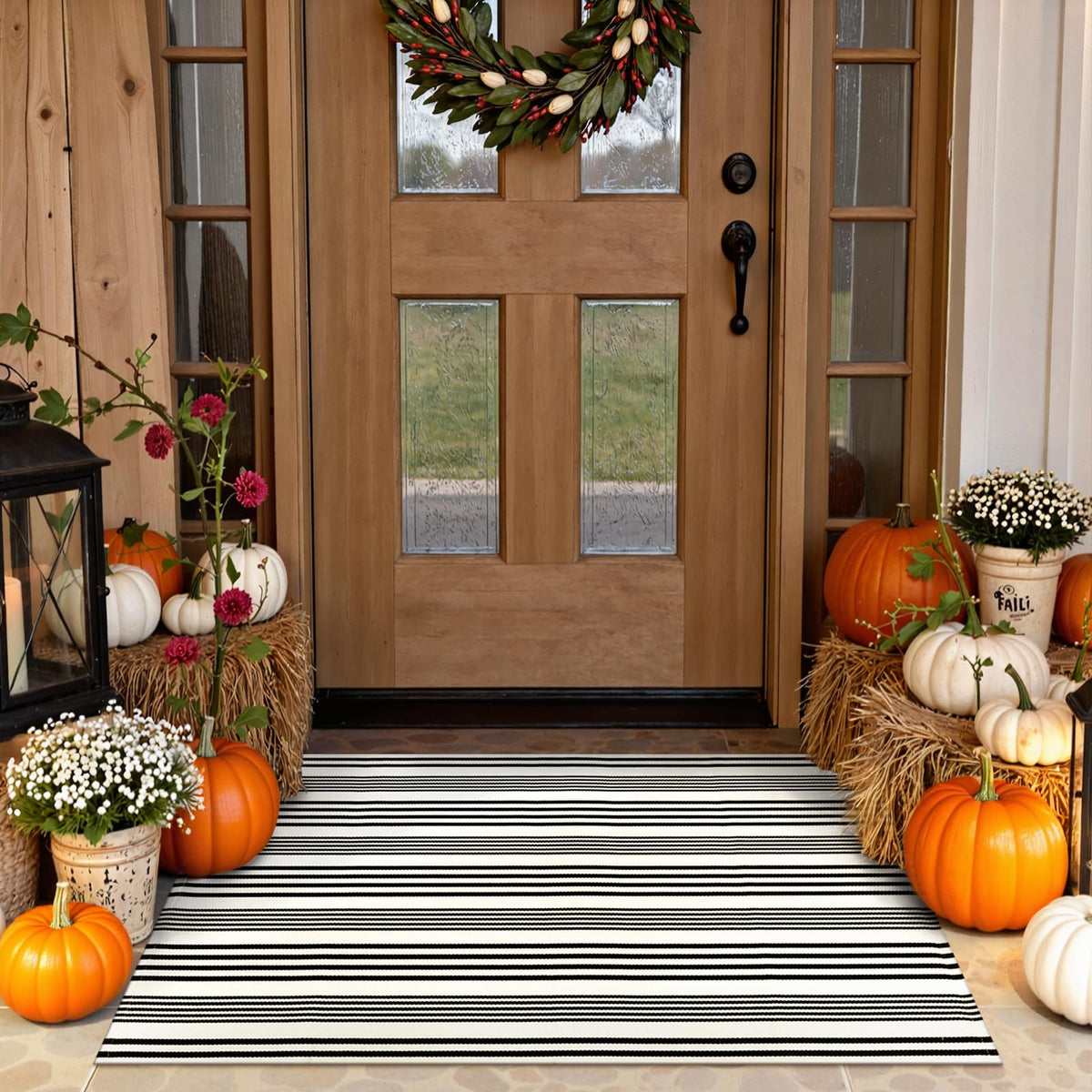 Striped Fall Door Mat 24"x51" Outdoor Rug Cotton Washable Fall Decor