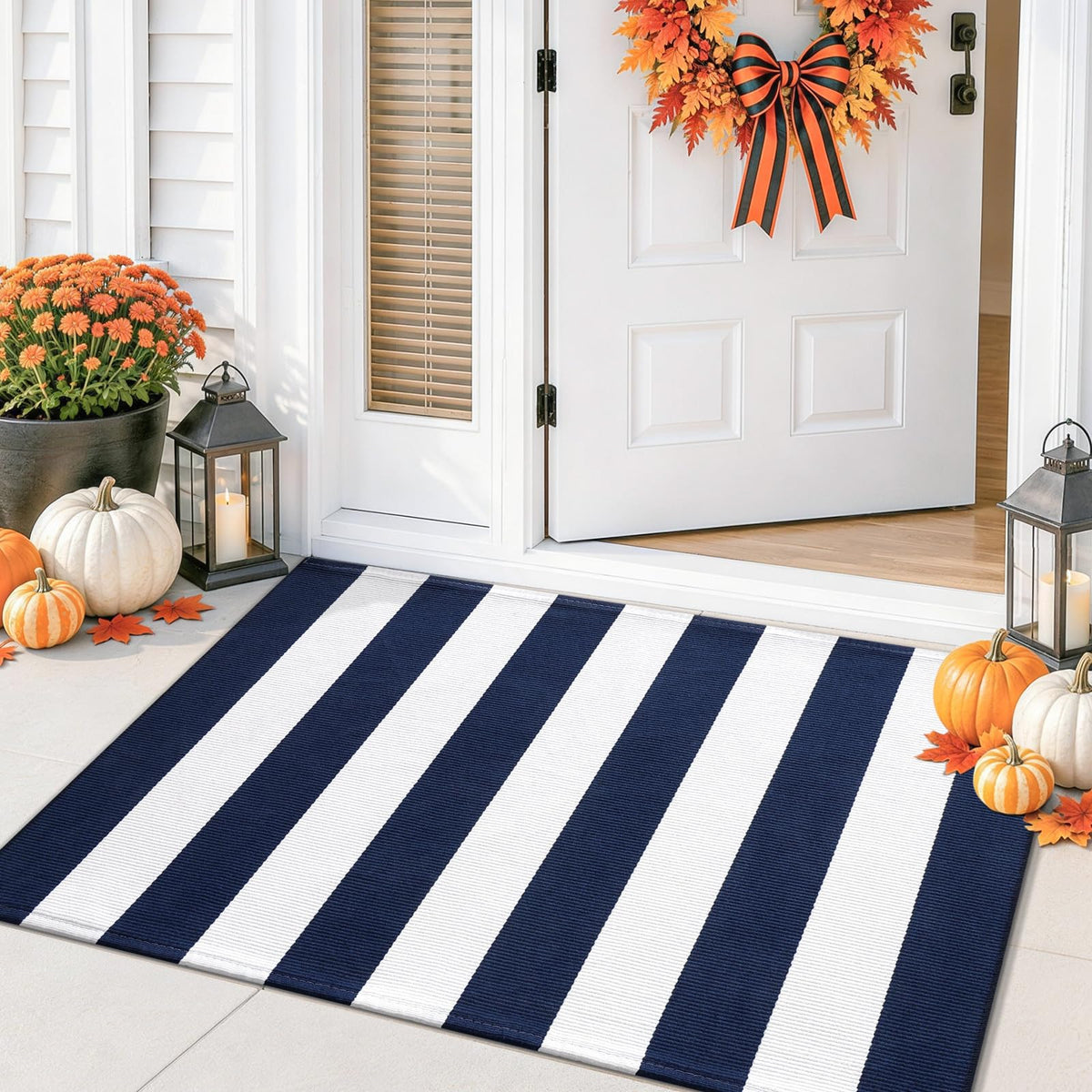 Smiry Black and White Striped Entryway Rug, Front Door Mat and Porch Decor