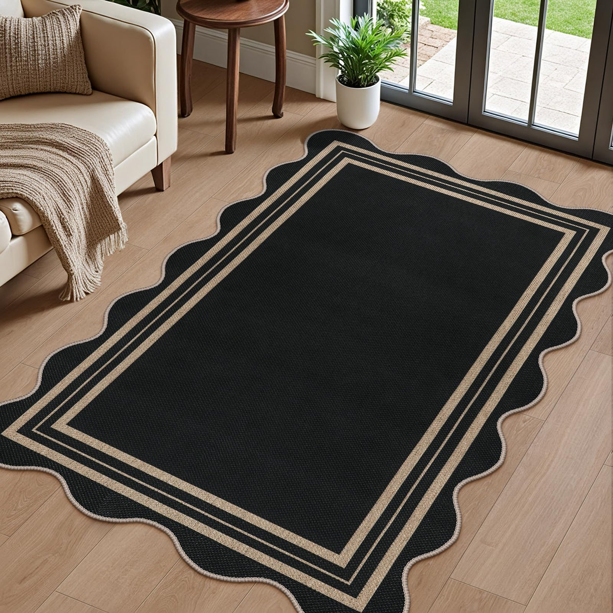 Easy Jute Black Entryway Rug, 2x3 Front Door Mat Washable Non Slip Small Kitchen Rug, Indoor Outdoor Farmhouse Scalloped Doormat for Porch Bathroom Doorway