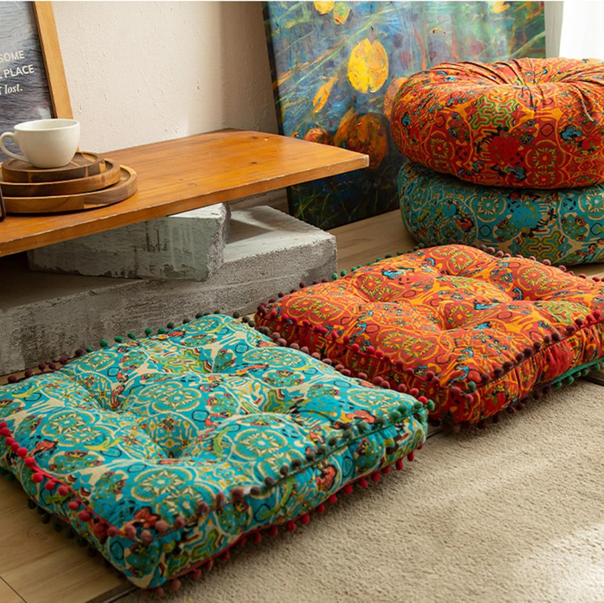 ELEFOCUS Blue Bohemian Seat Cushion,Indoor Boho Chair Cushions for Dining Chairs,Square Chair Pad,Decorative Seat Cushions for Kitchen Chairs (Blue Square A 16X16)