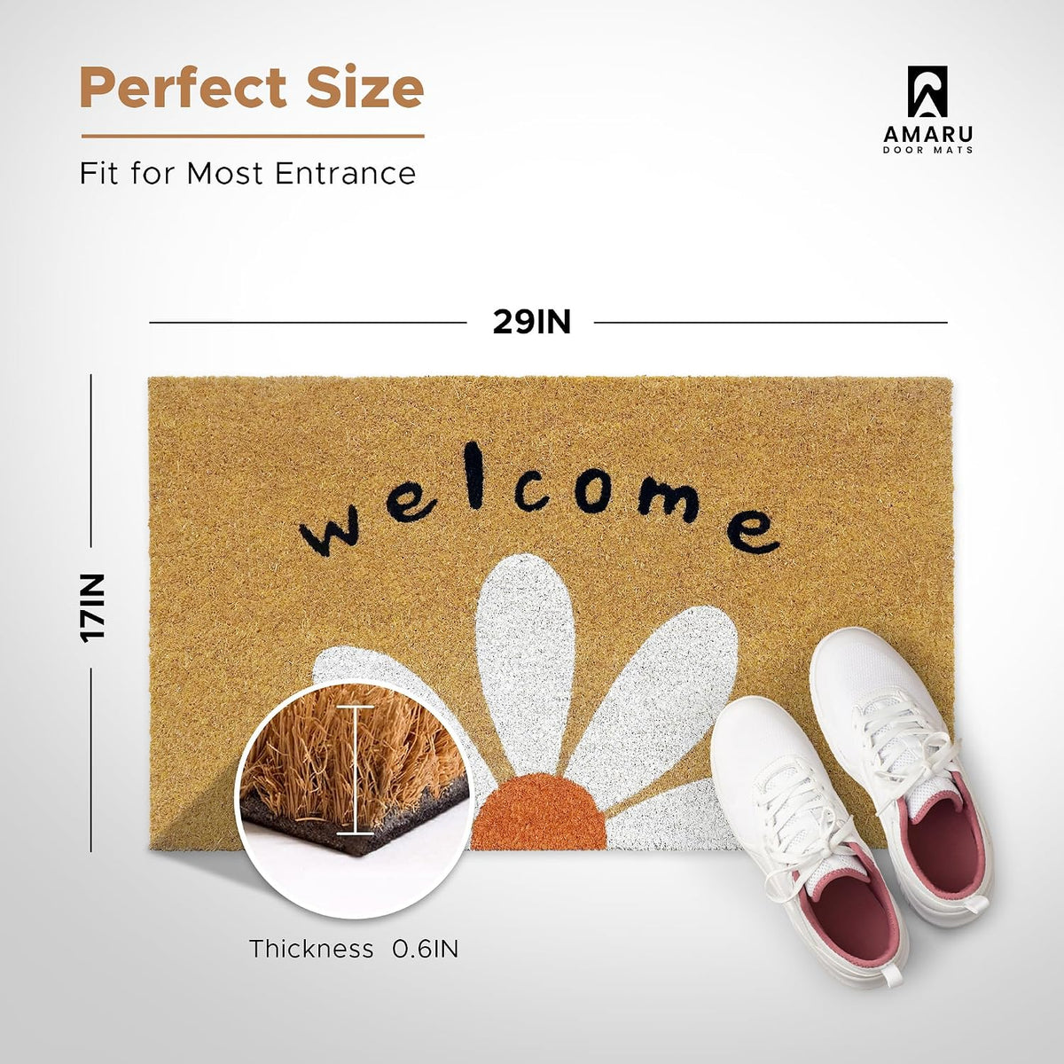 Coir Welcome Mat, Non-Slip, Welcome Daisy, 17 x 29 in