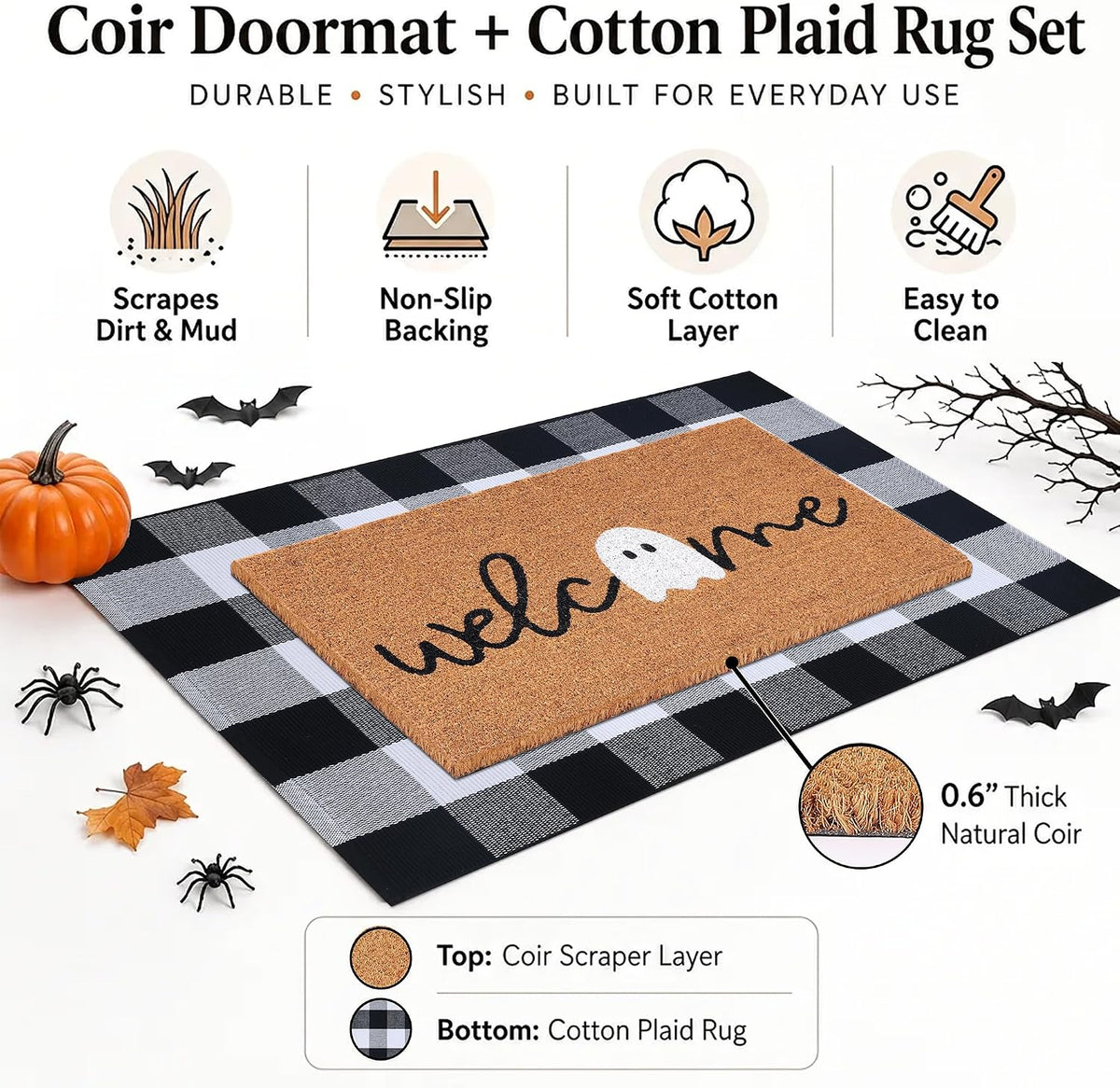 Halloween Door Mat Combo Set, Welcome Ghost Coco Coir Welcome Doormat + 28" x 43" Black and White Plaid Rug, Autumn Halloween Front Porch Entryway Decor Floor Mat