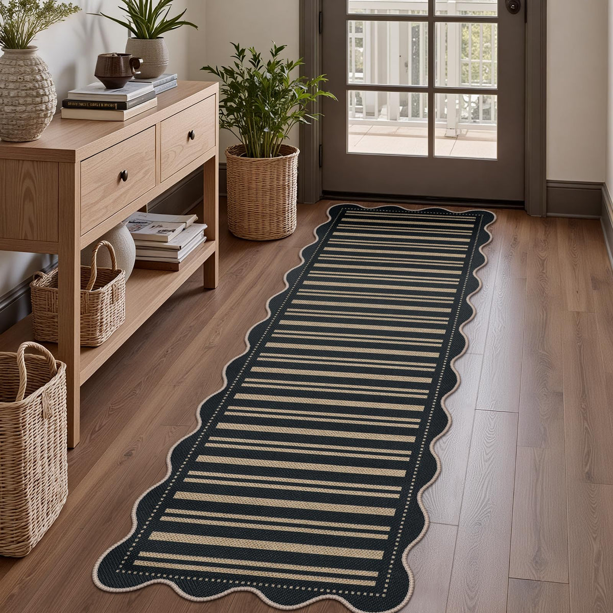 Easy Jute Black Entryway Rug, 2x3 Front Door Mat Washable Non Slip Small Kitchen Rug, Indoor Outdoor Farmhouse Scalloped Doormat for Porch Bathroom Doorway