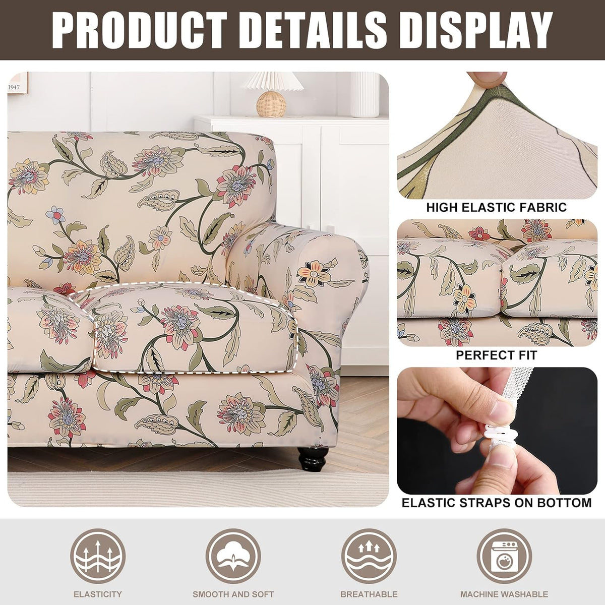 SearchI Stretch Sofa Cover Printed Couch Cover, Floral Pattern 4 Pieces Sofa Slipcover with 3 Separate Cushion Cover, Washable Furniture Protector for Living Room(Sofa, Yellow+Flower)