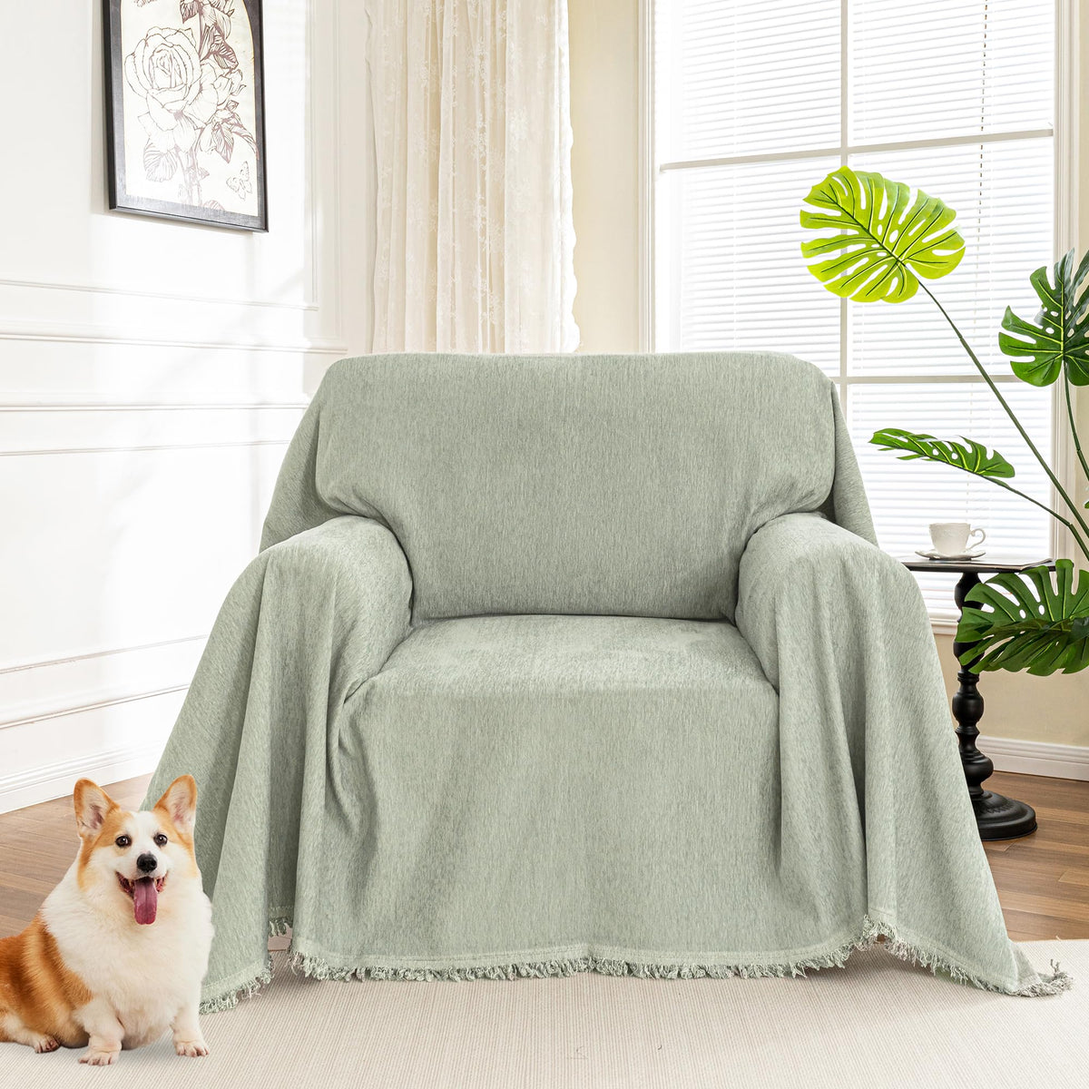 MYSKY HOME Boho Couch Cover Beige Sofa Covers with White Tassel Farmhouse Sofa Slipcover Simple Couch Protector for Dogs Chenille Sectional Couch Covers L Shaped Couch Cushion Covers, 91"x 134"