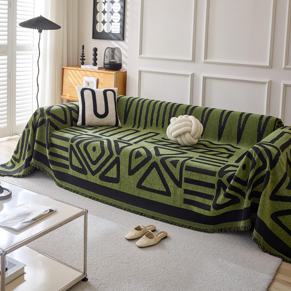 HANDONTIME Green Sofa Cover Vintage Couch Cover for Dogs 71" X118" Couch Cushion Covers with Tassel Herringbone Sofa Cover Boho Sofa Covers for 3 Cushion Couch Chenille Soft Loveseat Sofa Covers
