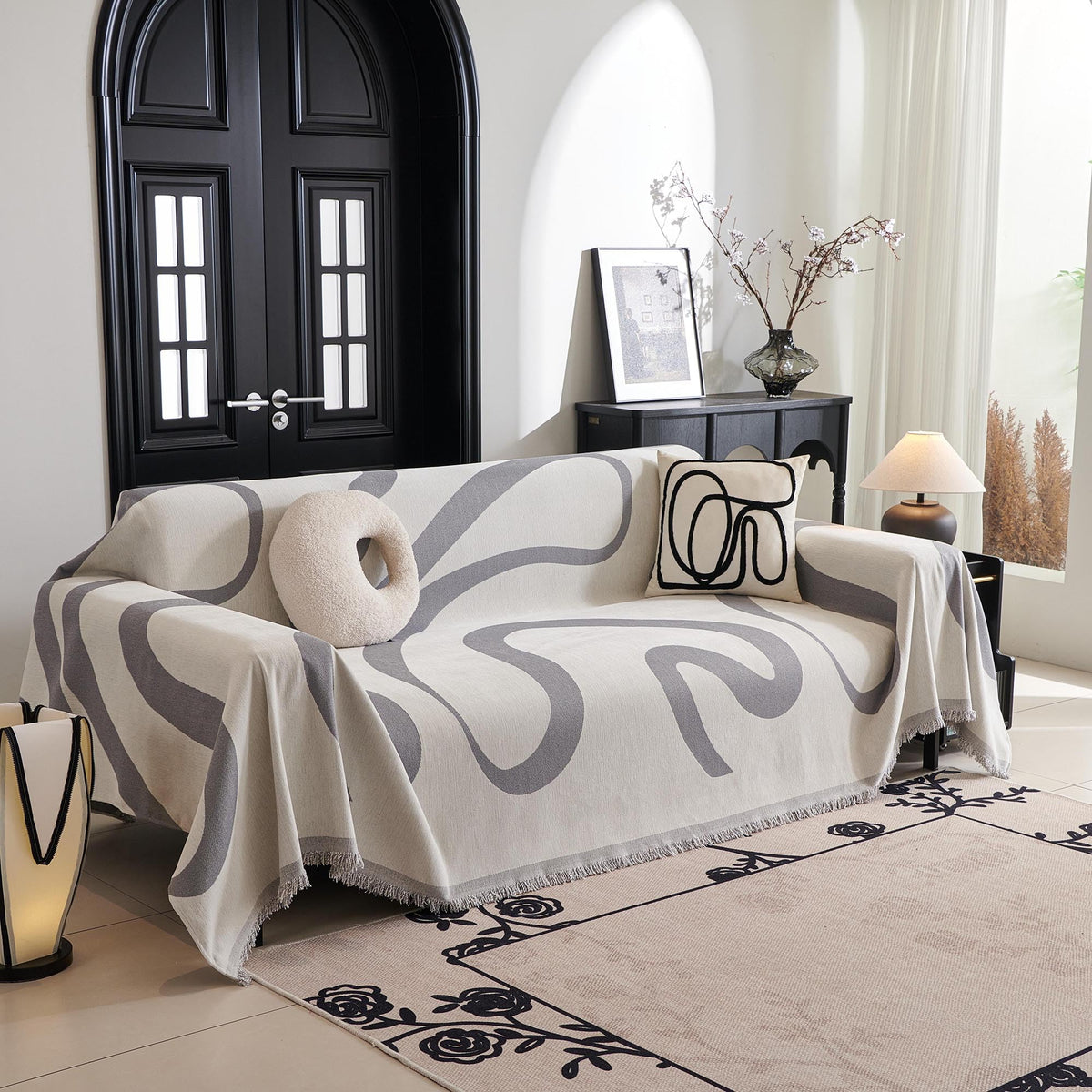 MYSKY HOME Boho Couch Cover Beige Sofa Covers with White Tassel Farmhouse Sofa Slipcover Simple Couch Protector for Dogs Chenille Sectional Couch Covers L Shaped Couch Cushion Covers, 91"x 134"