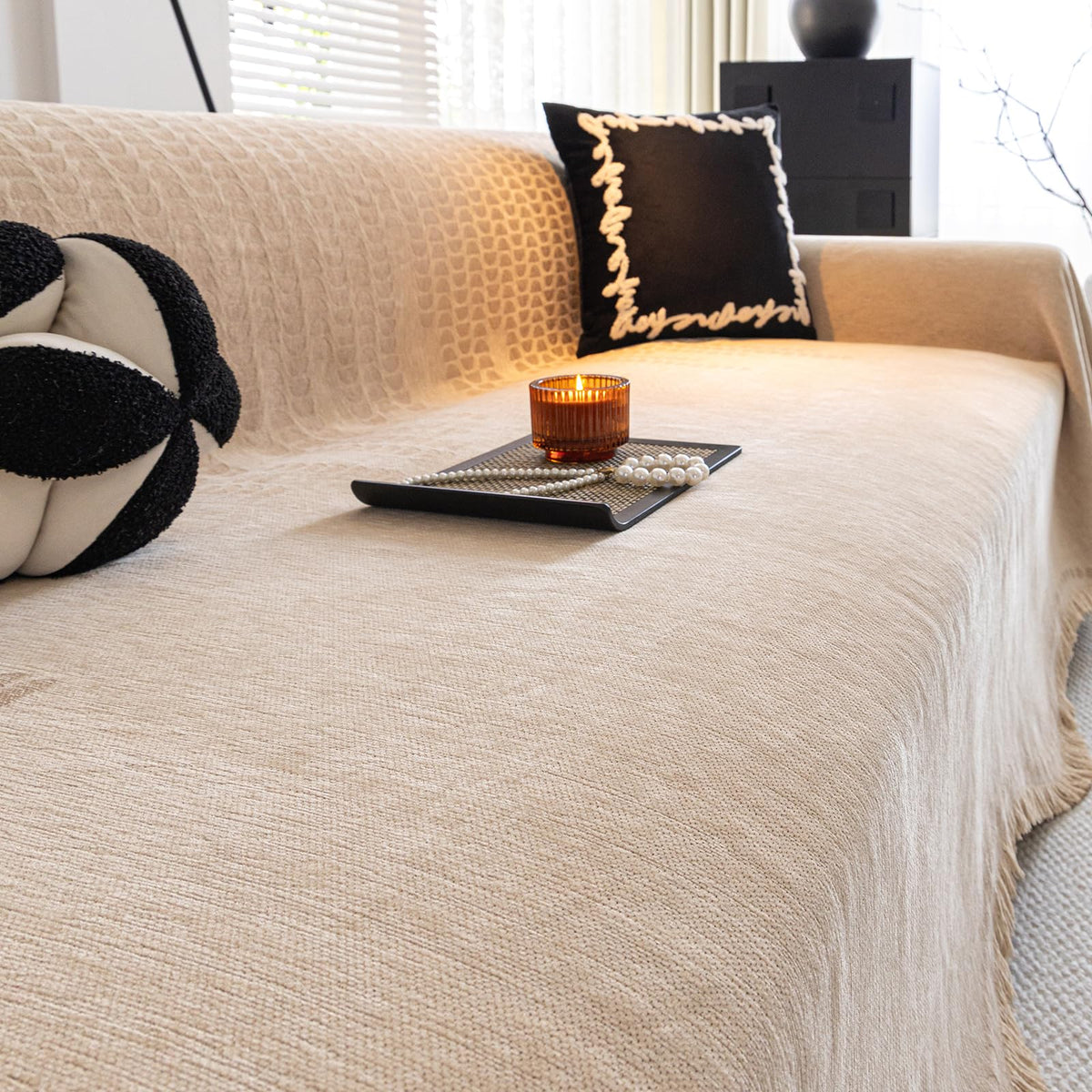 ROOMLIFE Thicked Striped Couch Cover with Tassel Blue Chenille Sofa Cover Blanket for Sectional Sofa, Soft Sofa Slipcovers for L Shaped Love Seat 2-3 Cushion Couch Anti Slip Sofa Protector, 71"x118"