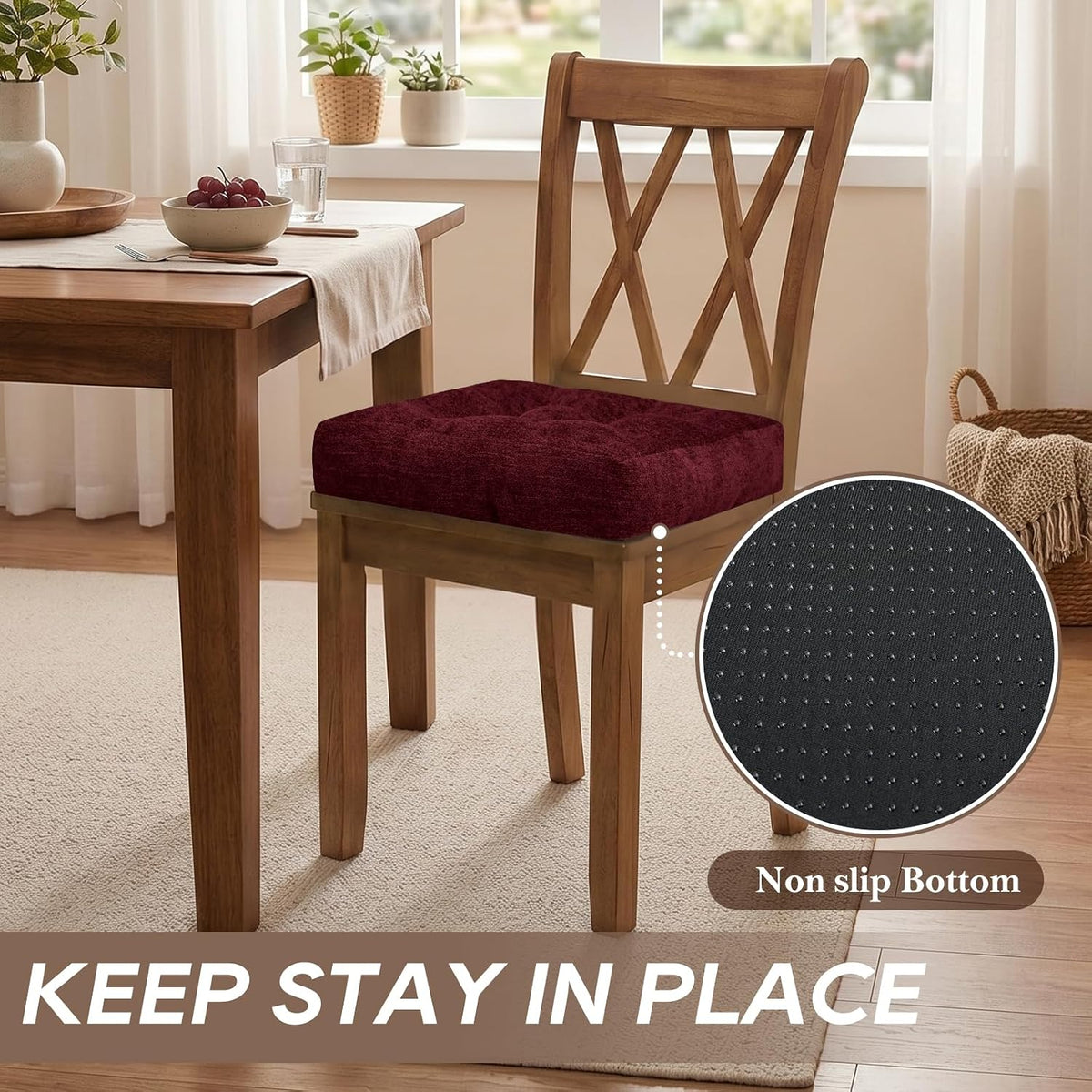 Basic Beyond Chair Cushions for Dining Chairs, Non-Slip Chair Pads, Thick Seat Cushions for Dining Room Chairs, Kitchen Chair Cushions Set of 4, 16" x 16" x 4", Burgundy