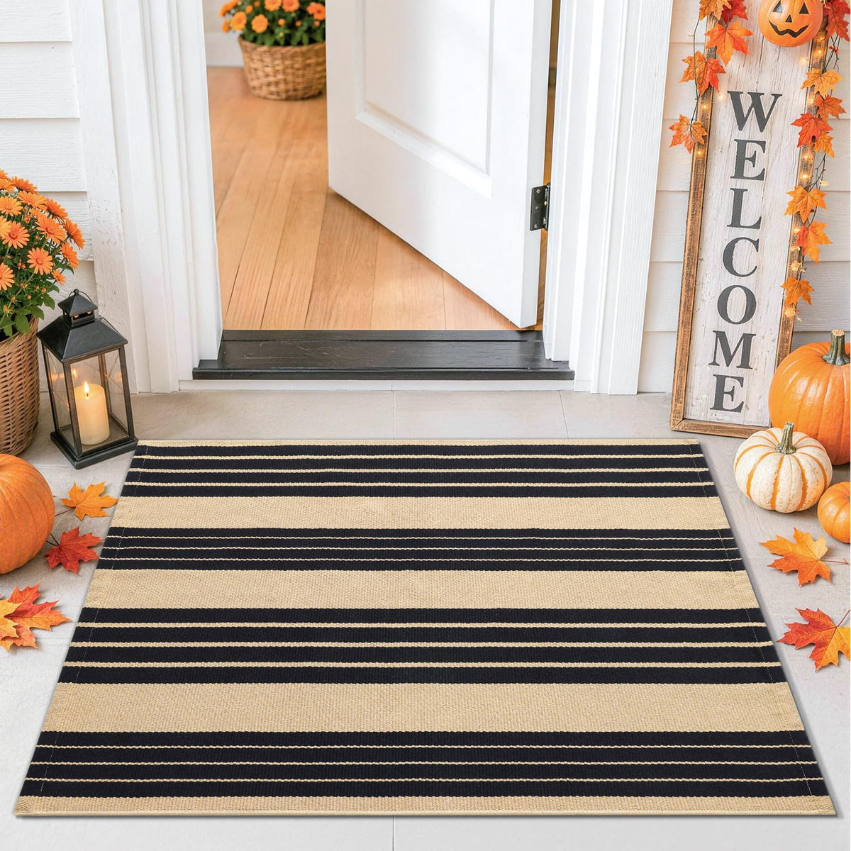 Smiry Black and White Striped Entryway Rug, Front Door Mat and Porch Decor