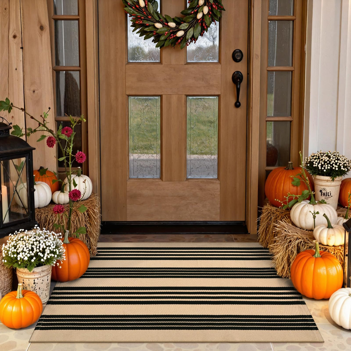 Striped Fall Door Mat 24"x51" Outdoor Rug Cotton Washable Fall Decor