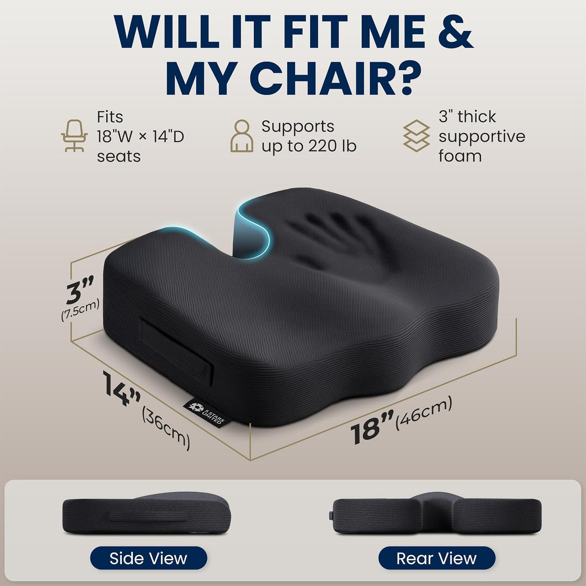 5 STARS UNITED Seat Cushion - Memory Foam Chair Pad for Tailbone Pain Relief - Ergonomic Support for Coccyx, Sciatica & Butt - Office, Desk & Gaming Chair, Car Seat, Wheelchair, Airplane, Black