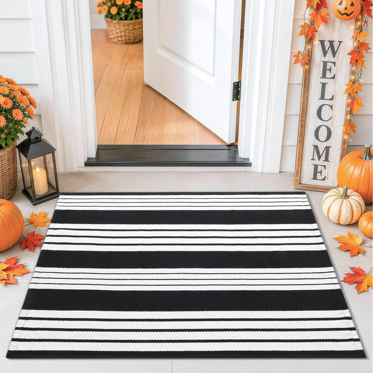 Smiry Black and White Striped Entryway Rug, Front Door Mat and Porch Decor