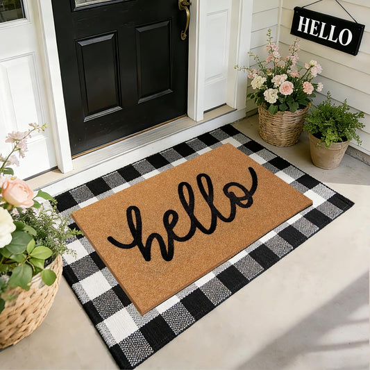 2 Pcs Welcome Door Mat Set, Layered Hello Coir Doormat with Black and White Buffalo Plaid Mat, Front Door Mats with Non-Slip TPR Backing, Farmhouse Modern Door Decor for Porch, Entryway, Patio