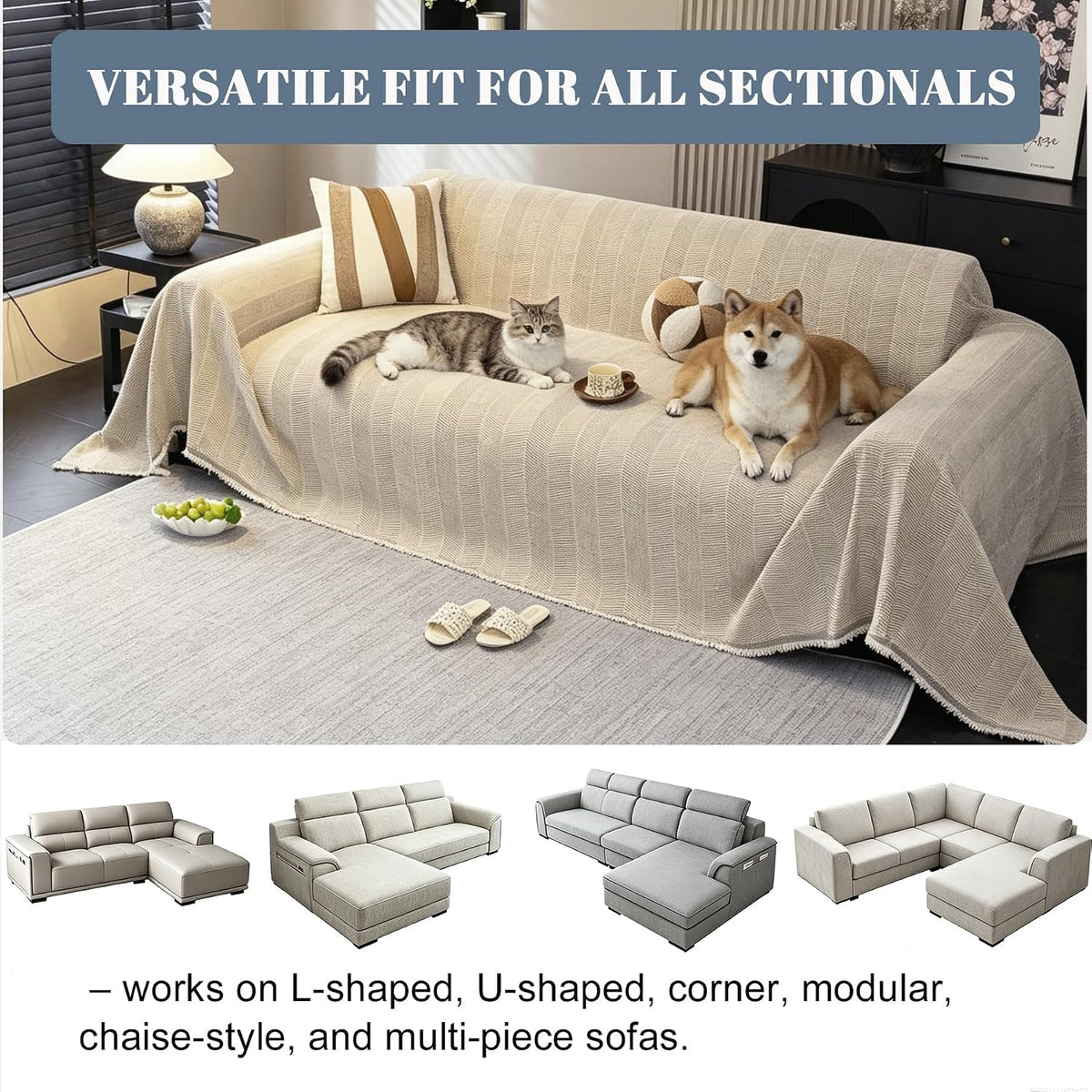 2 Pieces, Couch Cover for Sectional L Shaped, Chevron, White