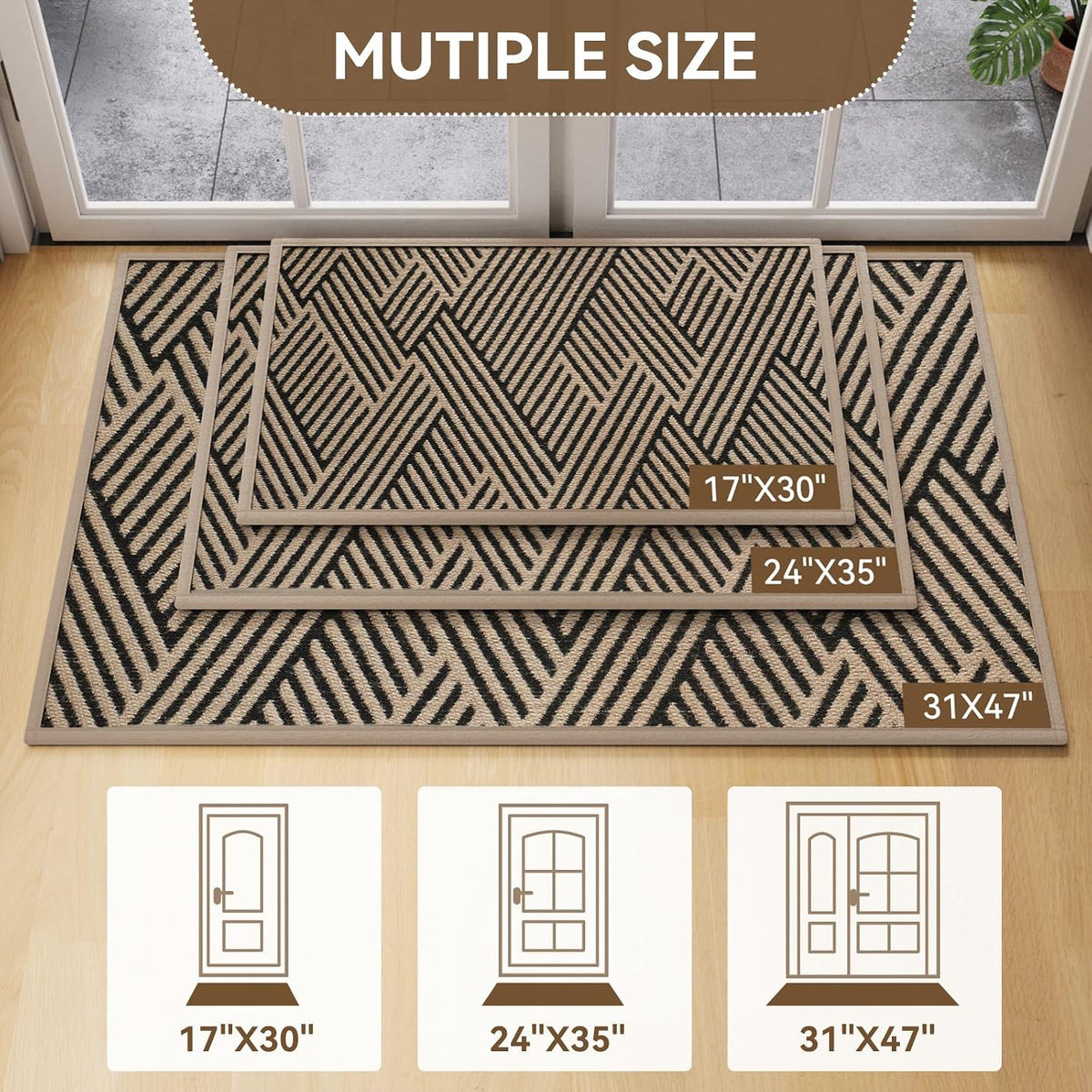 Front Door Mat Indoor Outside Entrance Non-Slip Mats Brown 17"x30"