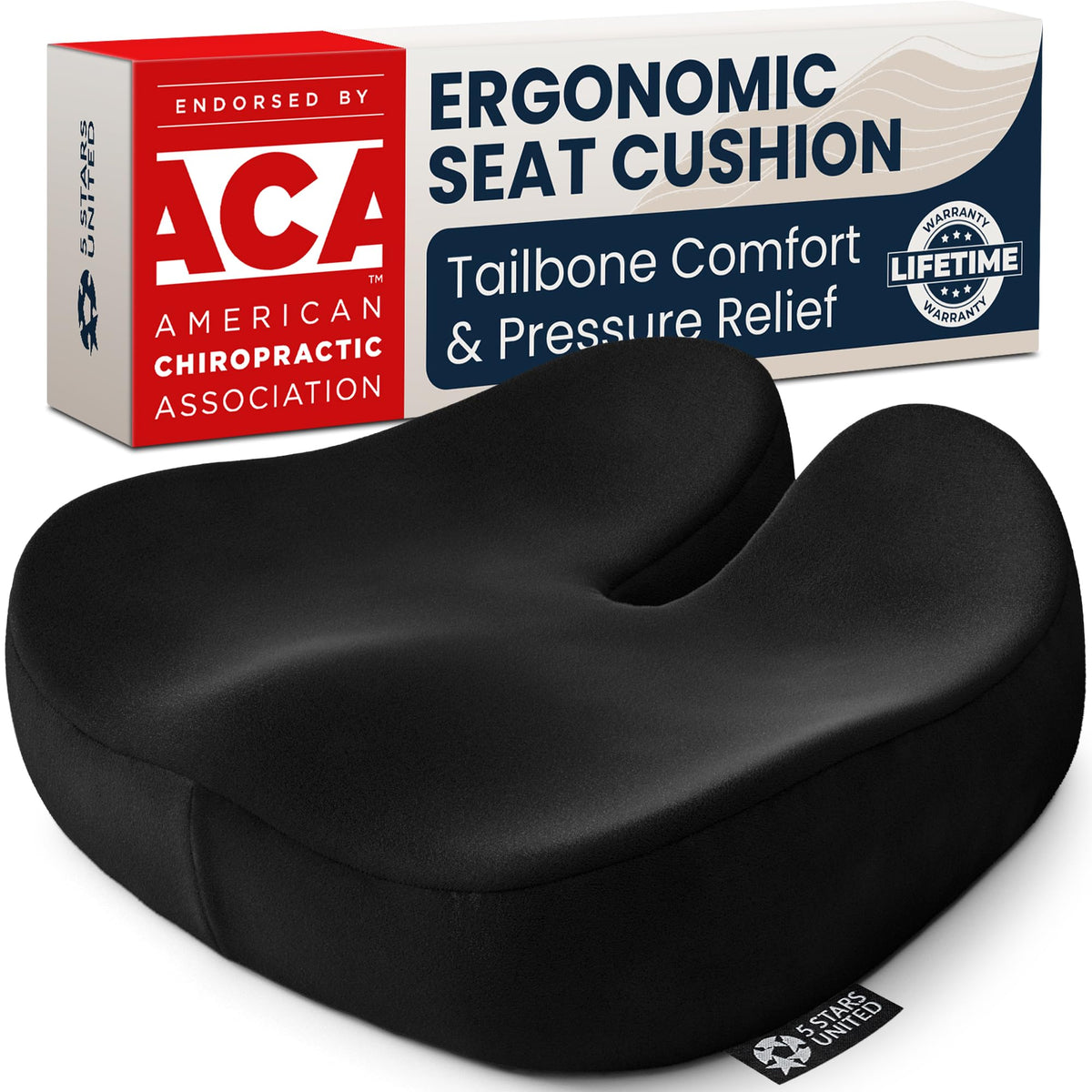 5 STARS UNITED Seat Cushion - Memory Foam Chair Pad for Tailbone Pain Relief - Ergonomic Support for Coccyx, Sciatica & Butt - Office, Desk & Gaming Chair, Car Seat, Wheelchair, Airplane, Black