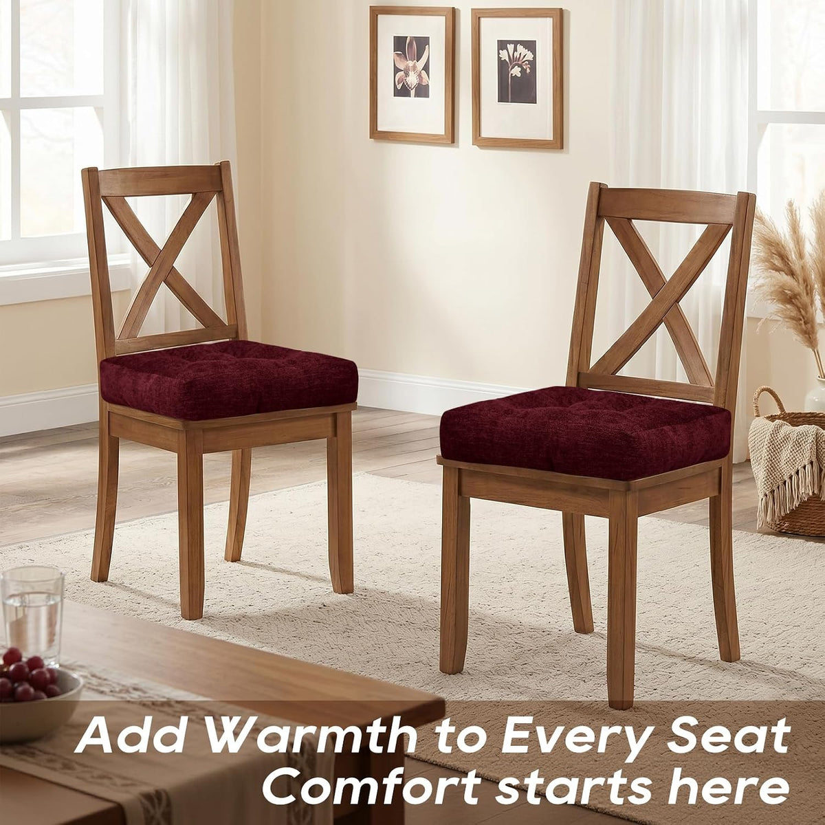 Basic Beyond Chair Cushions for Dining Chairs, Non-Slip Chair Pads, Thick Seat Cushions for Dining Room Chairs, Kitchen Chair Cushions Set of 4, 16" x 16" x 4", Burgundy