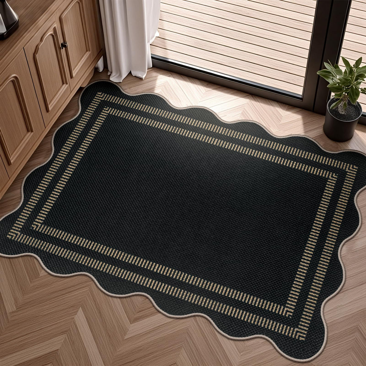 Easy Jute Black Entryway Rug, 2x3 Front Door Mat Washable Non Slip Small Kitchen Rug, Indoor Outdoor Farmhouse Scalloped Doormat for Porch Bathroom Doorway