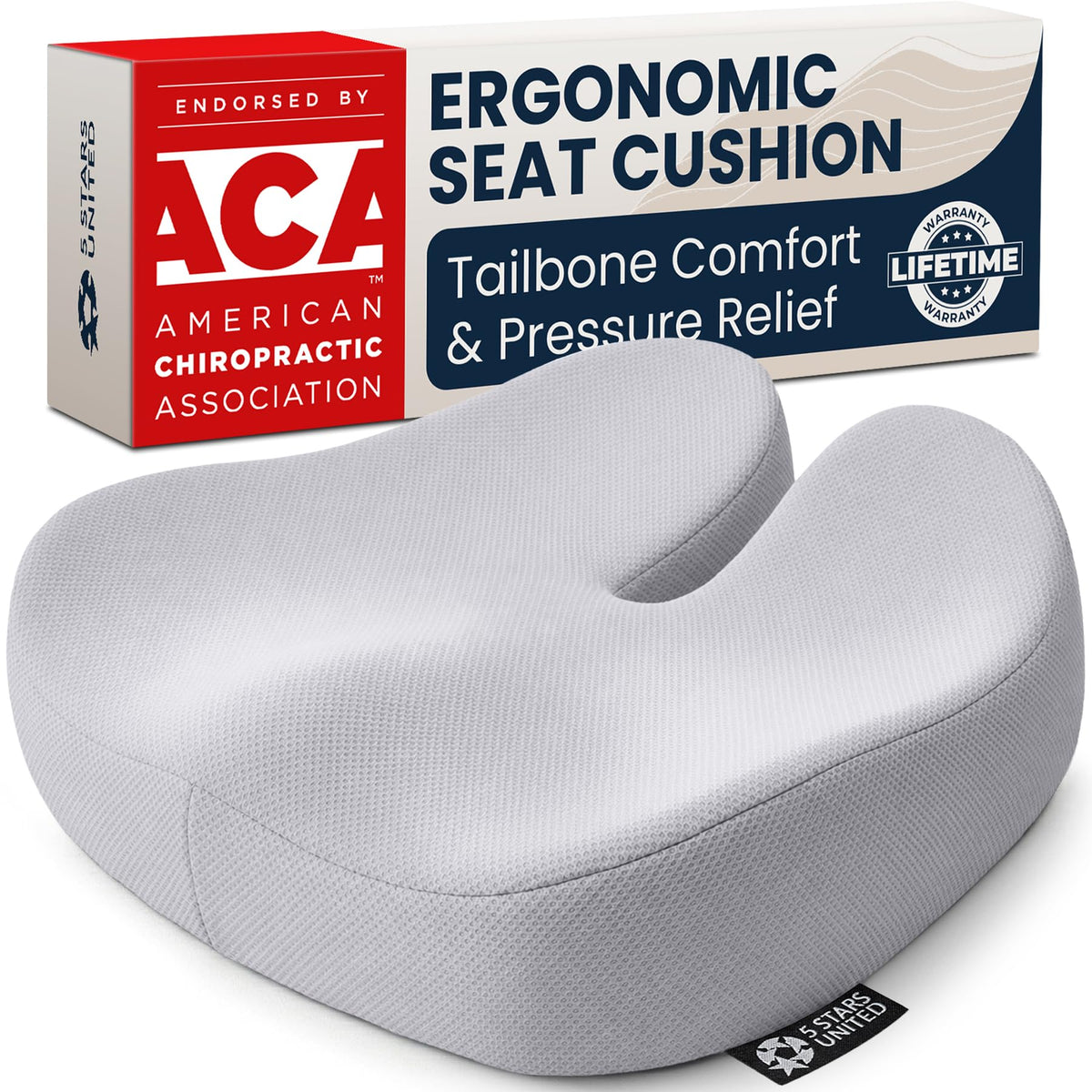 5 STARS UNITED Seat Cushion - Memory Foam Chair Pad for Tailbone Pain Relief - Ergonomic Support for Coccyx, Sciatica & Butt - Office, Desk & Gaming Chair, Car Seat, Wheelchair, Airplane, Black