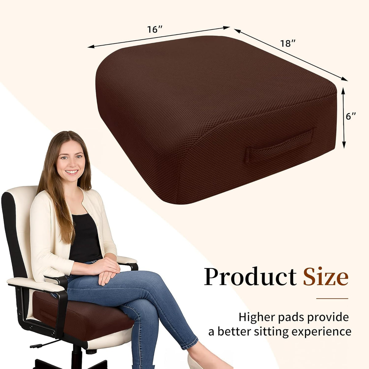 6" Extra Thick Memory Foam Office Chair Cushion – 2-Layer Booster Seat for Back & Tailbone Pain Relief, 18 x 16 x 6in Non-Slip Cushion with Carry Handle for Wheelchair, Car, and Airplane