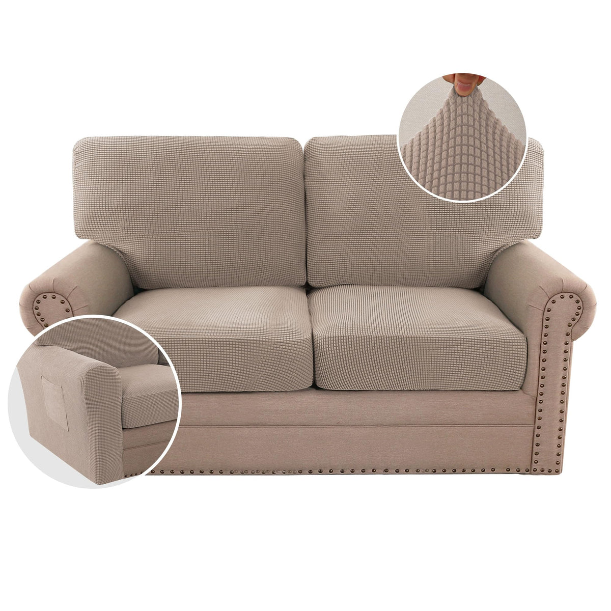 H.VERSAILTEX Multi-Pieces Sofa Covers Stretch Couch Covers Form Fitted Seats and Back Cushions Covers (3 Seat Covers Plus 3 Back Cusion Covers, Bonus 2 Armrest Covers), Sand