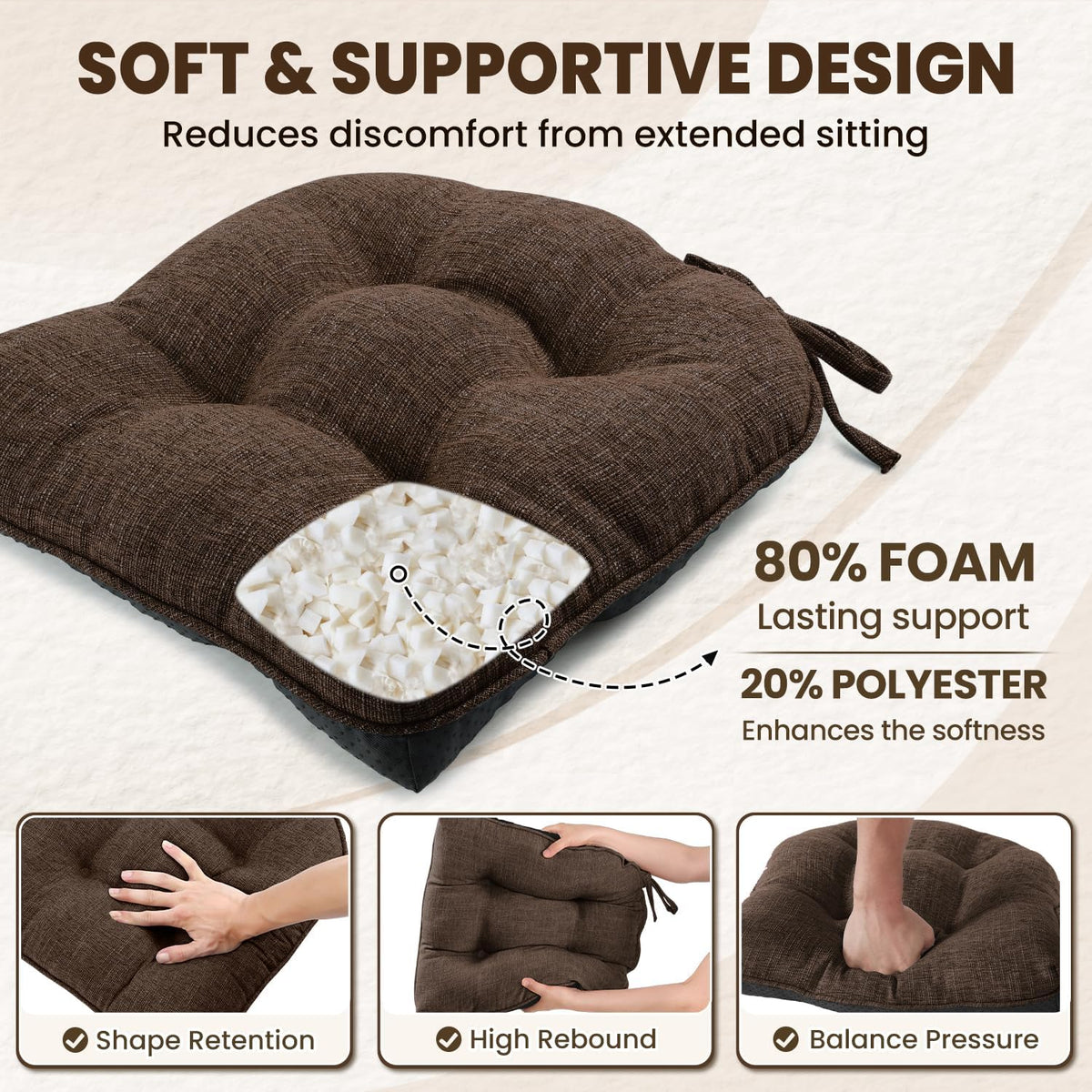 downluxe Indoor Chair Cushions for Dining Chairs, Tufted Overstuffed Textured Foam Kitchen Chair Pads with Ties and Non-Slip Backing, 15.5" x 15.5" x 4", Brown, 4 Pack