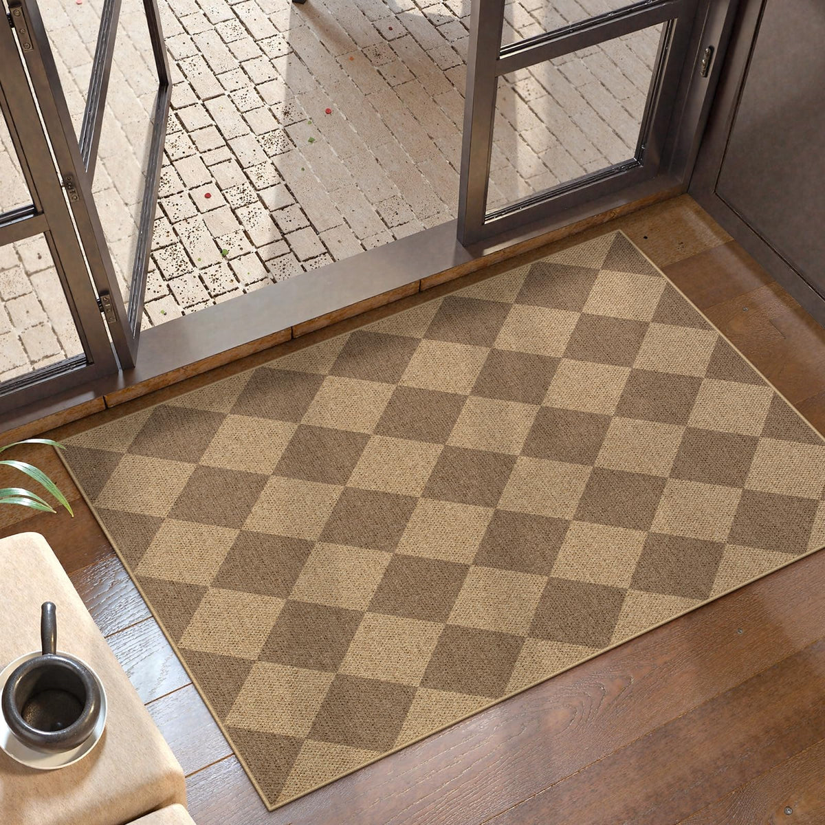Lahome Checkered Easy Jute 3x5 Entryway Front Porch Rug, Black Diamond Indoor Outdoor Patio Layering Rug, Washable Farmhouse Neutral Non Slip Non Shedding Door Carpet for Backyard Blacony