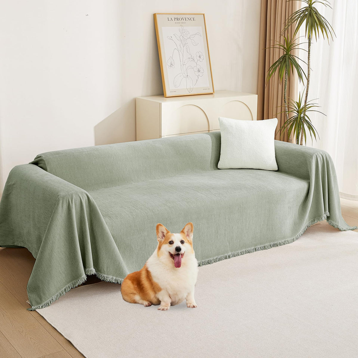 MYSKY HOME Boho Couch Cover Beige Sofa Covers with White Tassel Farmhouse Sofa Slipcover Simple Couch Protector for Dogs Chenille Sectional Couch Covers L Shaped Couch Cushion Covers, 91"x 134"