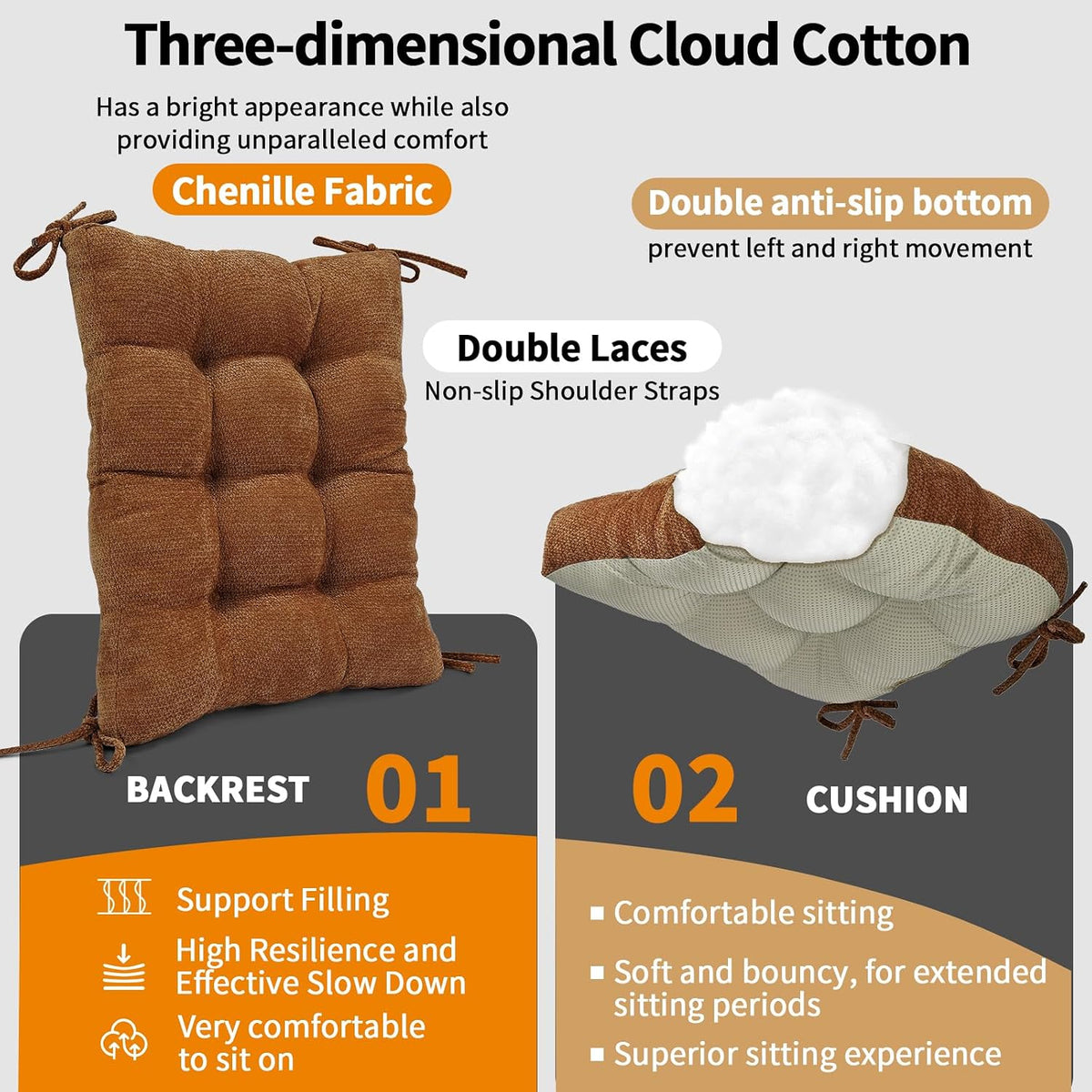 Rocking Chair Cushion for Elderly Sitting, Back Pillow & Seat Cushion with Ties, Luxury Chenille Fabric Non-Slip Chair Pad for Rocker, Champagne, 21.6x17x2/ 17x17x3