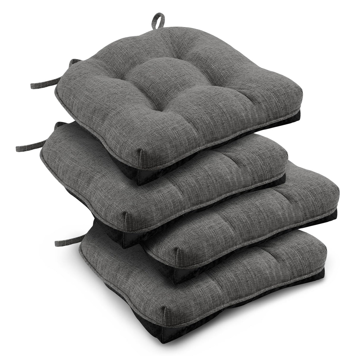 downluxe Indoor Chair Cushions for Dining Chairs, Tufted Overstuffed Textured Foam Kitchen Chair Pads with Ties and Non-Slip Backing, 15.5" x 15.5" x 4", Brown, 4 Pack