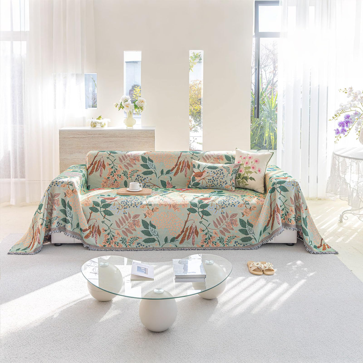 DREAMINGO Green Floral Couch Cover Farmhouse Botanical Jacquard Sofa Covers for 3 Cushion Couch Cozy Chenille Living Room Furniture Futon Sectional Sofa Slipcovers Washable, X-Large 71"x134"