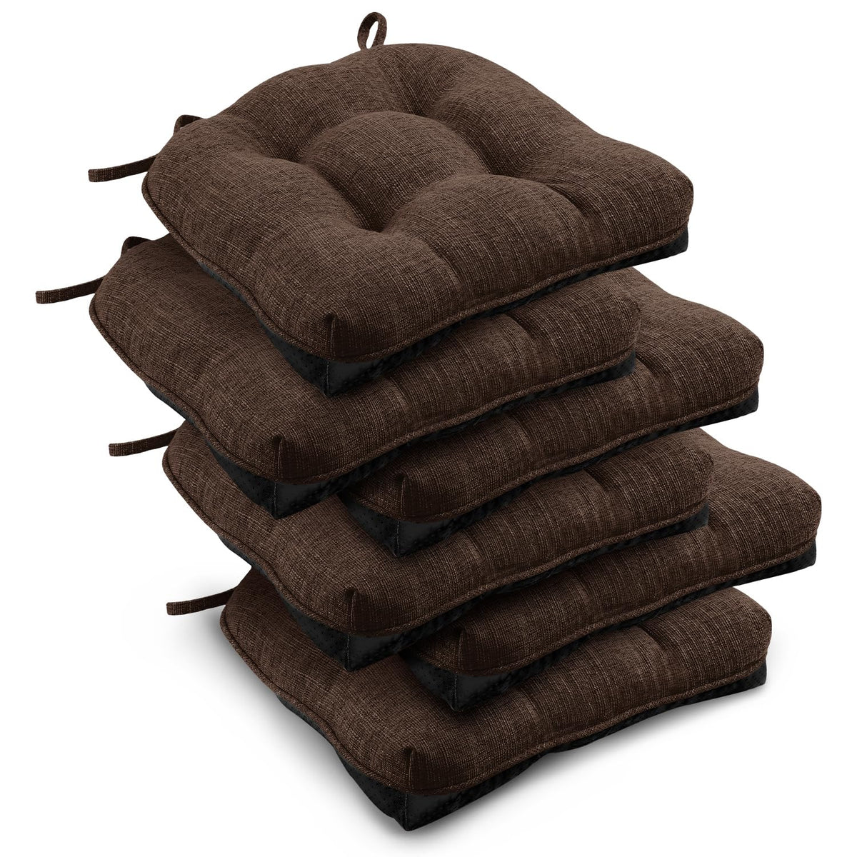 downluxe Indoor Chair Cushions for Dining Chairs, Tufted Overstuffed Textured Foam Kitchen Chair Pads with Ties and Non-Slip Backing, 15.5" x 15.5" x 4", Brown, 4 Pack