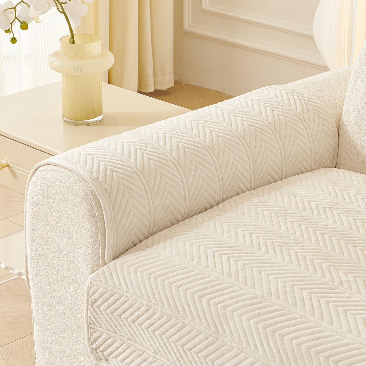 Couch Covers for Sofa, Funny Fuzzy Couch Cover for Dog, Sofa Covers for Pets Washable, Herringbone Sofa Slipcovers for Sectional, Non Slip Furniture Protector(1PC,Beige White,36"×71")