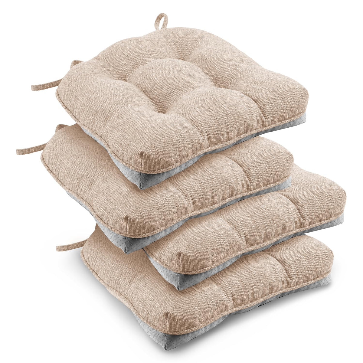 downluxe Indoor Chair Cushions for Dining Chairs, Tufted Overstuffed Textured Foam Kitchen Chair Pads with Ties and Non-Slip Backing, 15.5" x 15.5" x 4", Brown, 4 Pack