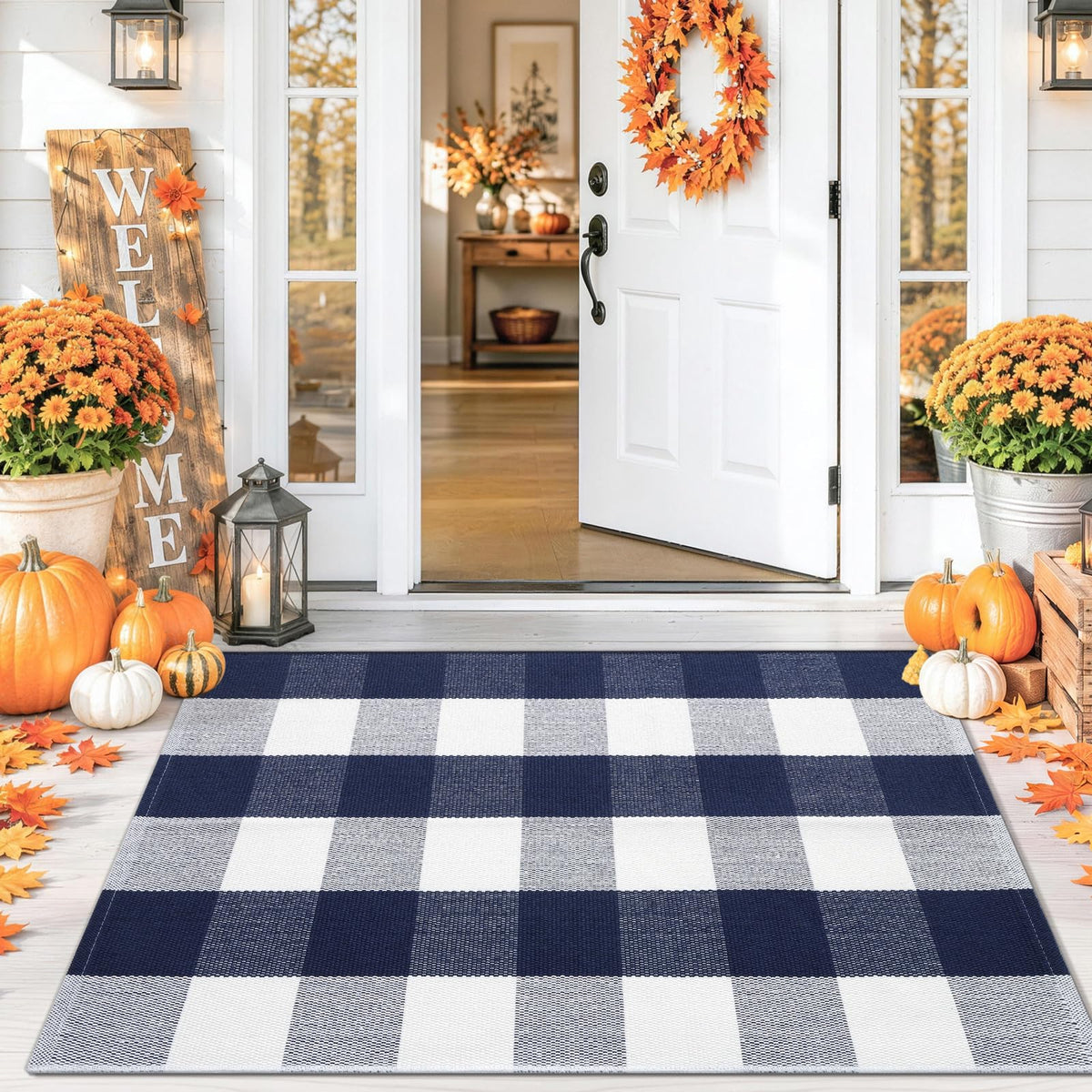 Smiry Black and White Striped Entryway Rug, Front Door Mat and Porch Decor