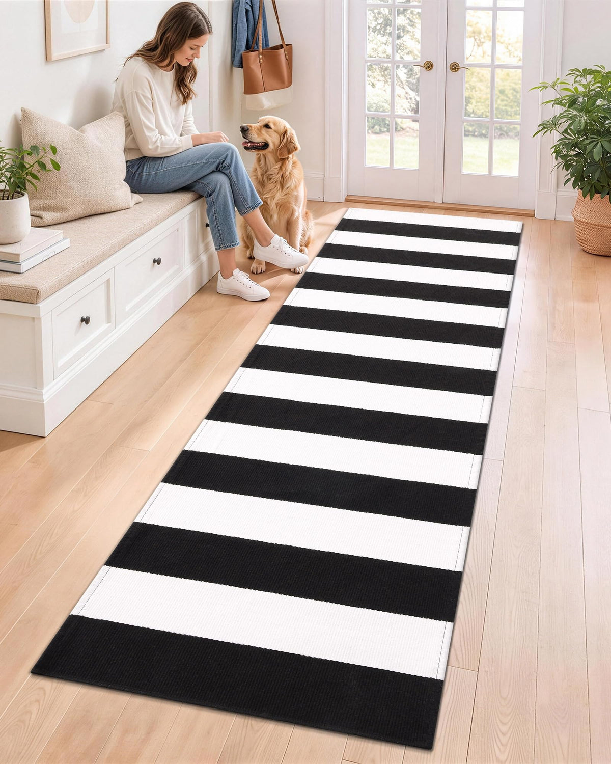 Smiry Black and White Striped Entryway Rug, Front Door Mat and Porch Decor