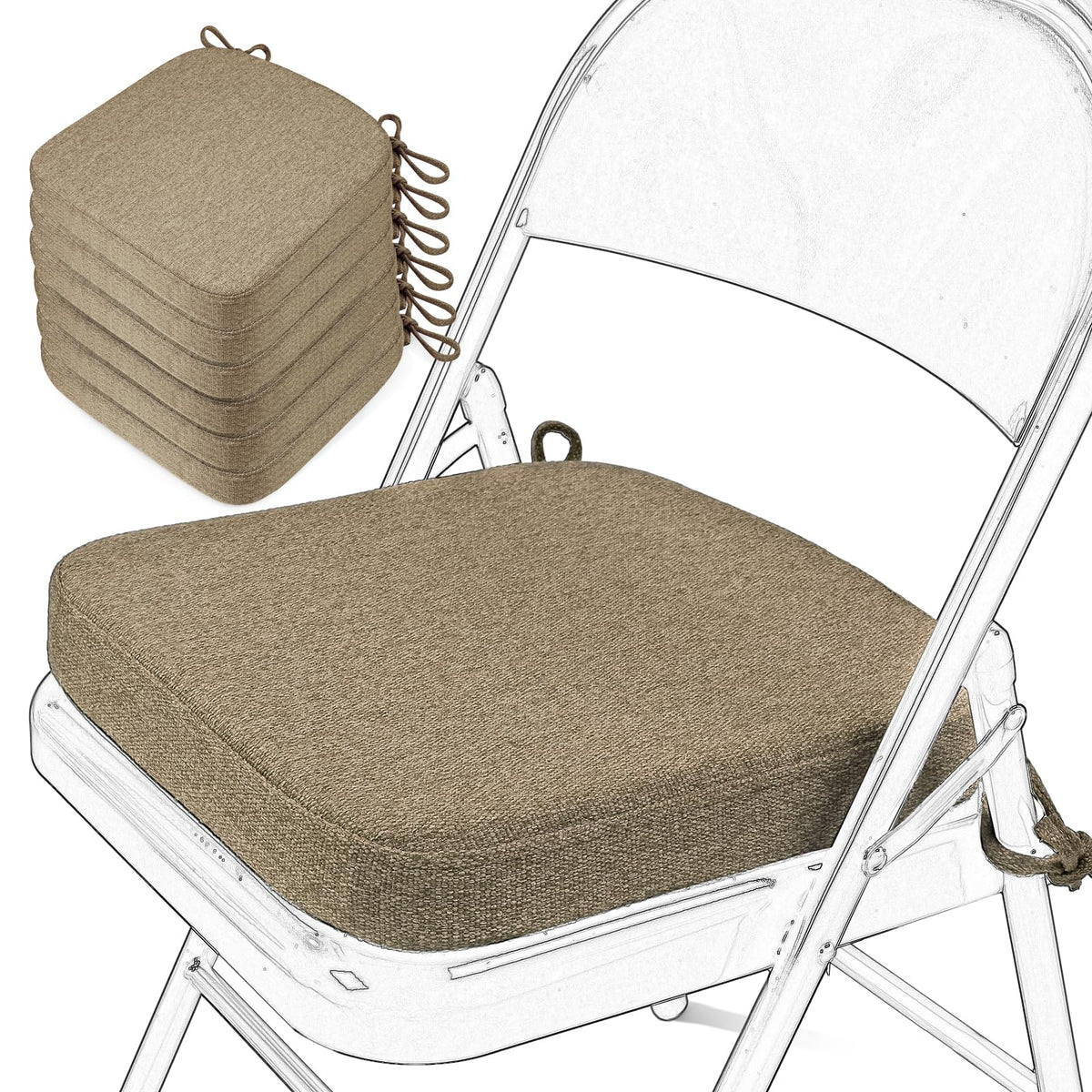 SINOSSO Memory Foam Chair Cushion for Folding Chair 1 Pcs, Thickened 2" Square Kitchen Chair Pad with Ties, Indoor Non-Slip Dining Chair Seat Cushion (1 Piece, Dark Brown)
