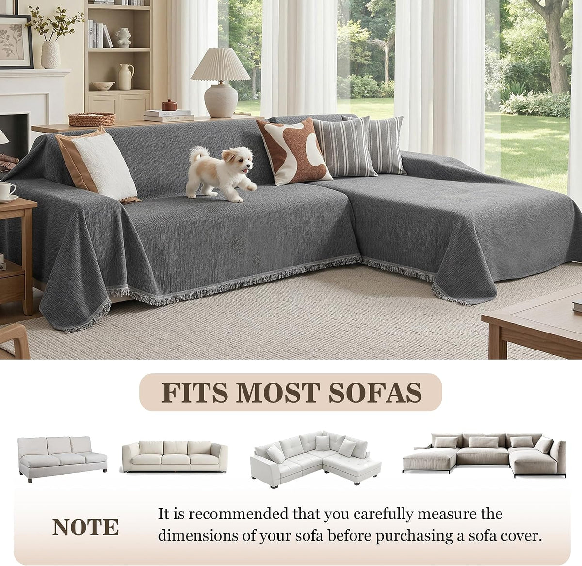 MEETSKY Couch Covers for Dogs, Washable Couch Covers, Pet Sofa Covers for 3 Cushion Couch, Chenille Thick Sectional Couch Cover Blanket Modern Furniture Protector Covers, 91" x 134", Dark Grey