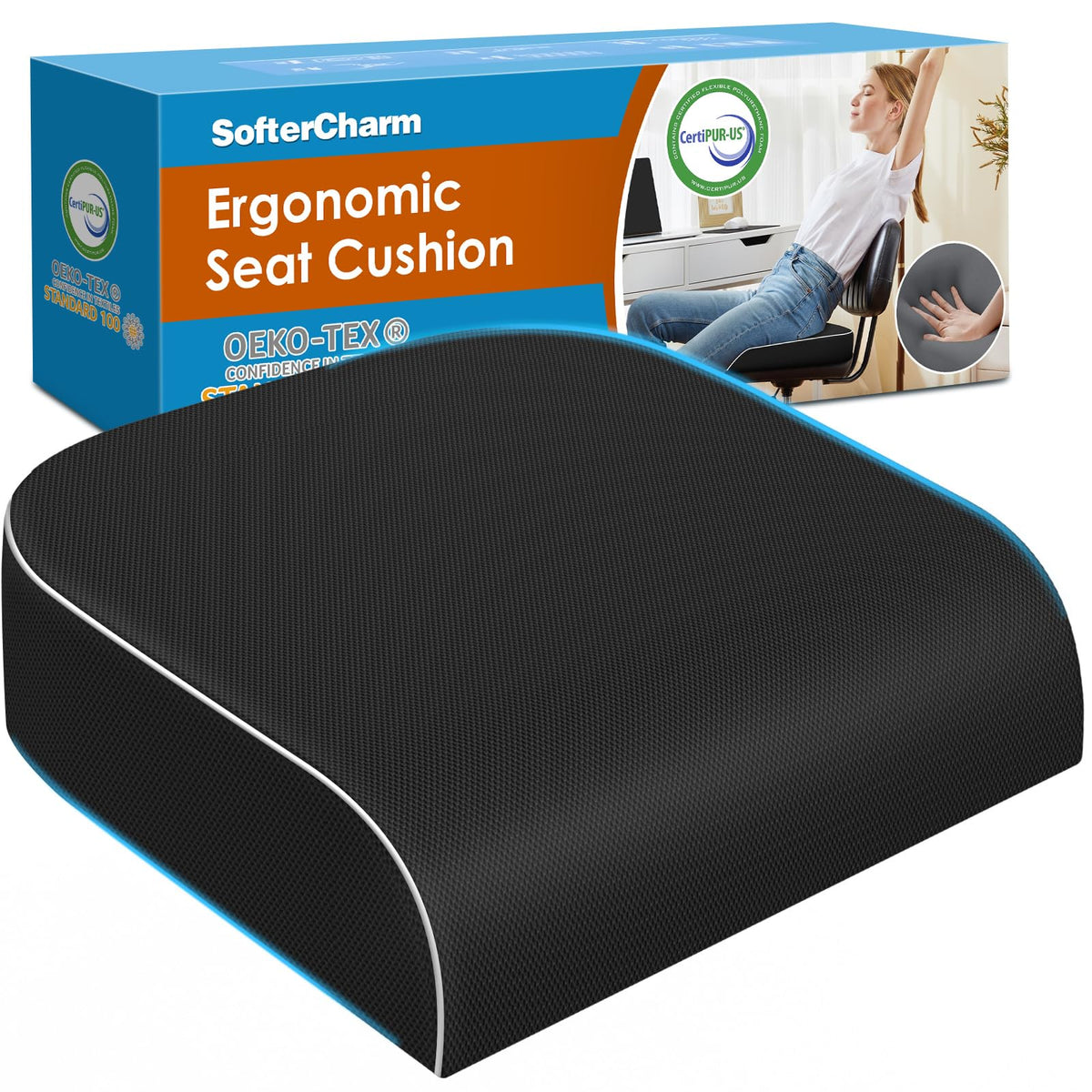 Seat Cushion, Memory Foam Office Chair Cushion, Black, Large