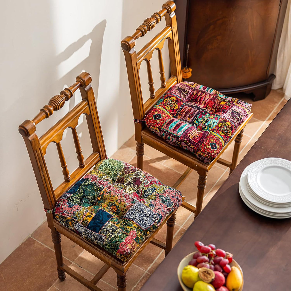 vctops Boho Paisley Chair Cushions with Ties Patchwork U-Shaped Soft Cozy Cotton Linen Chair Pads Non Slip Seat Cushions for Indoor Dining Room and Kitchen Chairs (Pink A,16"x16")