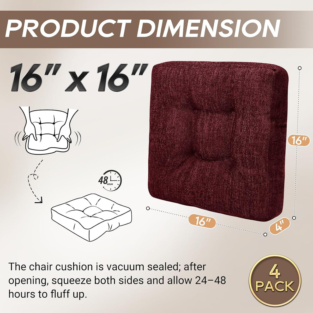 Basic Beyond Chair Cushions for Dining Chairs, Non-Slip Chair Pads, Thick Seat Cushions for Dining Room Chairs, Kitchen Chair Cushions Set of 4, 16" x 16" x 4", Burgundy